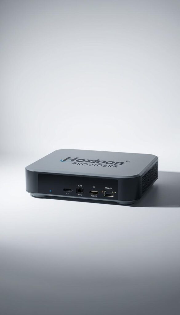 A sleek and modern IPTV set-top box with the Hoxtoon Provider logo prominently displayed on the front panel. The box is surrounded by a clean, minimalistic white background, with subtle shadows adding depth and dimensionality. The lighting is soft and evenly distributed, creating a professional and premium feel. The box is positioned at a slight angle, showcasing its modern design and highlighting the various ports and connections on the rear. The overall composition emphasizes the simplicity and elegance of the Hoxtoon Provider IPTV solution, inviting the viewer to explore its features and subscription costs.