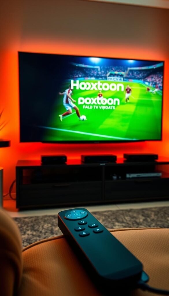 A sleek and modern IPTV sports subscription service. A large flatscreen TV displays a live soccer match, with the Hoxtoon Provider logo prominently featured. The room is bathed in soft, warm lighting, creating a cozy and inviting atmosphere. The TV is surrounded by high-end home entertainment equipment, hinting at the premium quality of the IPTV service. In the foreground, a wireless remote control and a streaming device, such as a Roku or Apple TV, suggest the ease of access and setup. The overall scene conveys the convenience and enjoyment of modern television viewing through an IPTV subscription like Hoxtoon Provider.