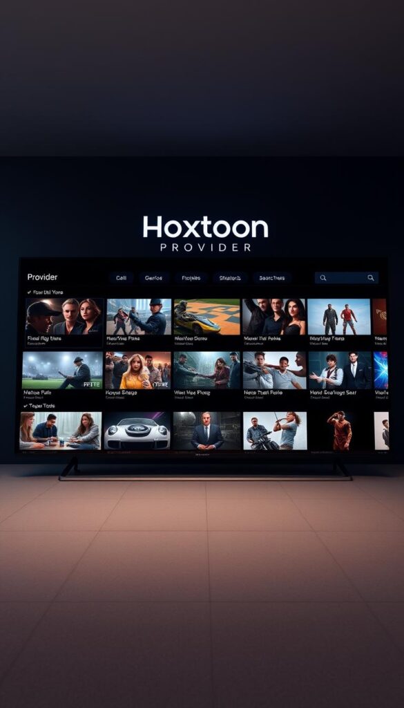 A sleek and modern IPTV streaming interface, featuring the Hoxtoon Provider brand prominently displayed. The interface is presented in a clean, minimalist layout with a dark color scheme, creating a sophisticated and immersive user experience. The main content area showcases a grid of high-quality video thumbnails, each with a clear title and description. The navigation menu is intuitive, with options for browsing by genre, searching, and accessing user settings. Subtle lighting effects and a cinematic camera angle create a sense of depth and professionalism, while the overall design prioritizes usability and visual appeal.