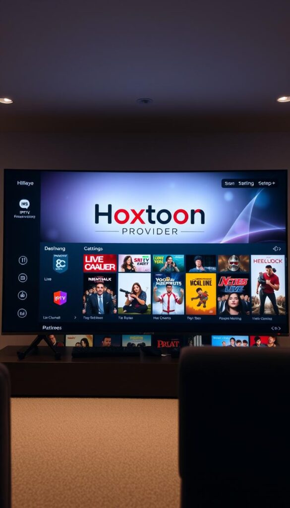 A sleek and modern IPTV streaming service interface, showcasing the Hoxtoon Provider brand prominently in the center. The foreground features a user-friendly dashboard with intuitive menu options for catch-up TV, live channels, and on-demand content. The middle ground displays a selection of popular shows and movies available for streaming, with clear thumbnails and descriptions. The background is subtly blurred, creating a sense of depth and focus on the main service elements. The lighting is soft and evenly distributed, giving the image a warm and inviting atmosphere. The overall composition is well-balanced, highlighting the key features of the Hoxtoon Provider catch-up TV experience.