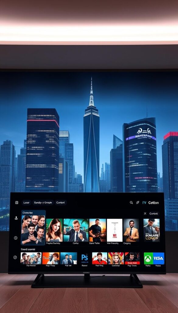 A sleek and modern IPTV streaming service interface, showcasing the Hoxtoon Provider brand. In the foreground, a user-friendly dashboard displays a selection of popular live channels and on-demand content. The middle ground features smooth transitions between different content categories, complemented by a minimalist color scheme and clean typography. In the background, a cityscape of towering skyscrapers and neon lights hints at the global reach and technological innovation of the Hoxtoon IPTV service. Soft, directional lighting creates a sense of depth and sophistication, evoking the future of home entertainment.