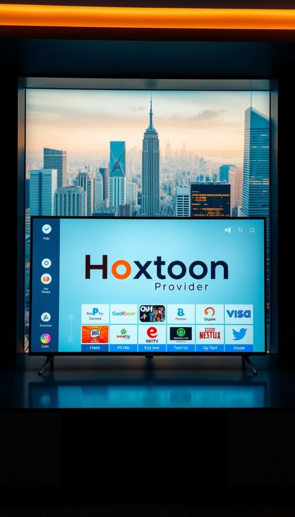 A sleek and modern IPTV streaming solution with the Hoxtoon Provider logo prominently displayed. The interface shows a clean, user-friendly dashboard with intuitive controls, offering a seamless content browsing experience. The background features a vibrant city skyline, conveying the idea of a cutting-edge, high-tech service that provides access to a vast library of entertainment options. The lighting is soft and natural, creating a warm and inviting atmosphere. The overall composition suggests a reliable, state-of-the-art IPTV platform that caters to the needs of discerning users.