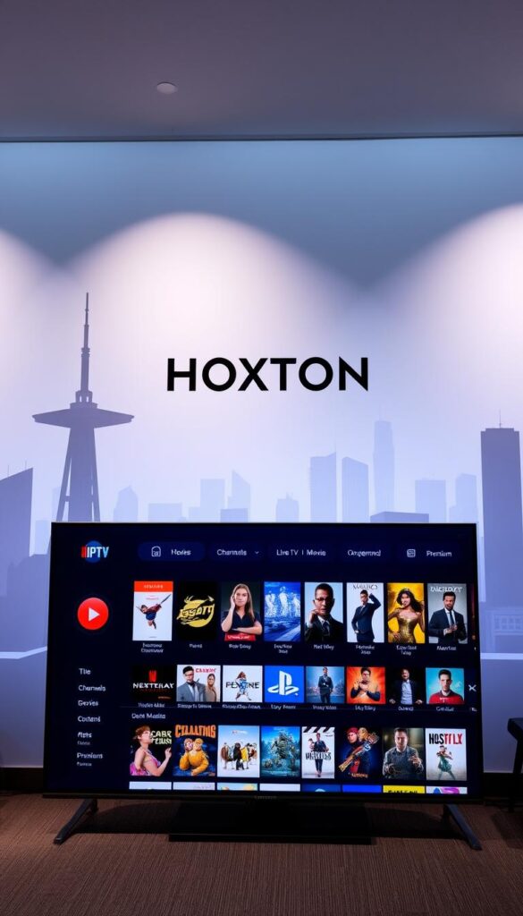 A sleek and modern IPTV subscription package interface, showcasing the Hoxtoon Provider brand. In the foreground, a clean and intuitive dashboard displays a variety of live TV channels, on-demand movies, and premium content options. The middle ground features thumbnails of popular titles, while the background depicts a stylized cityscape, hinting at the global reach and connectivity of the service. The lighting is soft and inviting, creating a sense of high-quality and reliability. The overall composition conveys the evolution of IPTV streaming, where users can access a vast entertainment library at their fingertips.