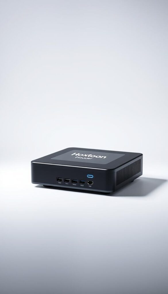 A sleek and modern Mag Box with the "Hoxtoon Provider" logo prominently displayed on the front panel. The device is shown in a well-lit, minimalist studio setting with a clean, white background. The Mag Box is positioned at an angle, allowing a clear view of its various ports and connections. Soft, directional lighting illuminates the device, creating subtle shadows and highlights that accentuate its design. The overall atmosphere is one of high-quality, professional media entertainment equipment, conveying the reliable and premium nature of the Hoxtoon IPTV service.