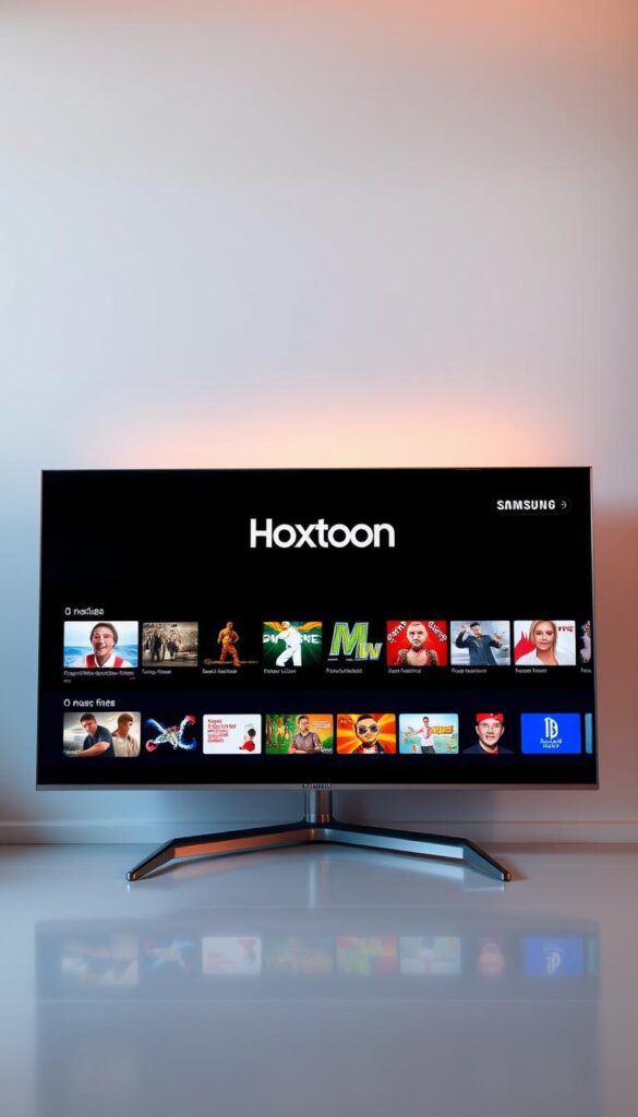 A sleek and modern Samsung Smart TV, its screen displaying the Hoxtoon Provider logo. The TV is set against a minimalist backdrop, with a clean, white wall and a subtle gradient in the background, creating a sense of depth and focus. The scene is bathed in warm, soft lighting, casting a pleasant glow on the device. The TV's interface showcases a wide range of IPTV channels and content, highlighting the breadth and quality of the Hoxtoon Provider's offerings. The overall composition conveys a sense of sophistication, technology, and the seamless integration of Hoxtoon's IPTV services with the Samsung Smart TV platform.