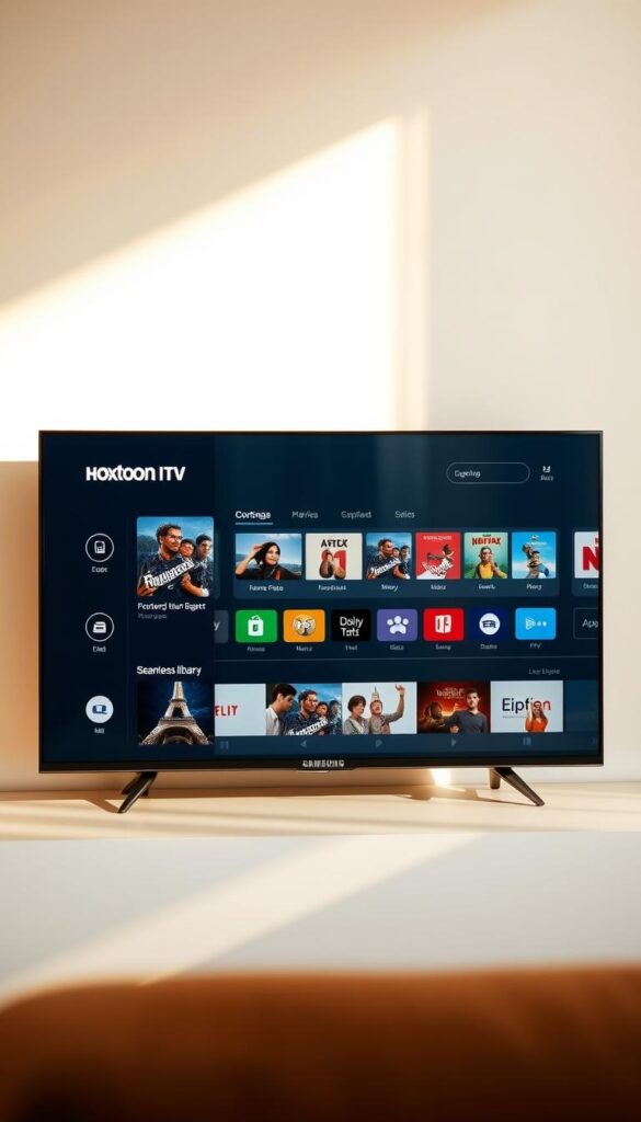 A sleek and modern Samsung Smart TV set against a minimalist background, displaying the user interface of the "Hoxtoon Provider" IPTV app, showcasing its intuitive navigation, diverse content library, and seamless streaming capabilities. The TV screen is illuminated by warm, natural lighting, casting a soft glow and creating a cozy, inviting atmosphere. The app's user interface is clean, visually appealing, and easily navigable, highlighting its suitability for a premium IPTV experience on the Samsung platform.