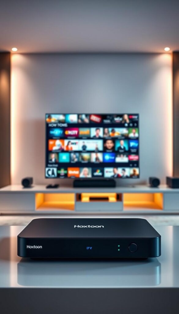 A sleek and modern digital entertainment setup, showcasing the evolution of IPTV services. In the foreground, a state-of-the-art Hoxtoon Provider set-top box, its clean lines and subtle branding reflecting the sophistication of the technology. The middle ground features a large, high-definition smart TV, its screen displaying a vibrant, diverse array of live channels and on-demand content. In the background, a minimalist, well-lit home theater environment with ambient lighting and high-end audio equipment, creating an immersive viewing experience. The overall scene conveys the seamless integration of IPTV into modern digital lifestyles, delivering a vast, customizable entertainment universe at the user's fingertips.