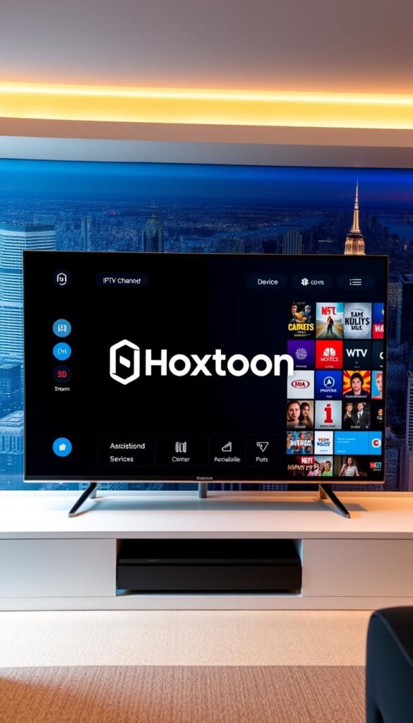 A sleek and modern digital interface depicting the Hoxtoon Provider IPTV service, showcasing its intuitive layout and extensive channel selection. The foreground features the Hoxtoon logo prominently displayed, surrounded by a grid of popular channel icons. The middle ground highlights various device compatibility options, emphasizing the service's ability to stream on multiple platforms. The background depicts a dynamic cityscape, conveying the service's widespread availability and ubiquity. The scene is illuminated by a warm, inviting lighting scheme, creating a sense of professionalism and reliability. The overall composition communicates the Hoxtoon Provider's position as a leading IPTV service in the USA, catering to the diverse needs of modern viewers.
