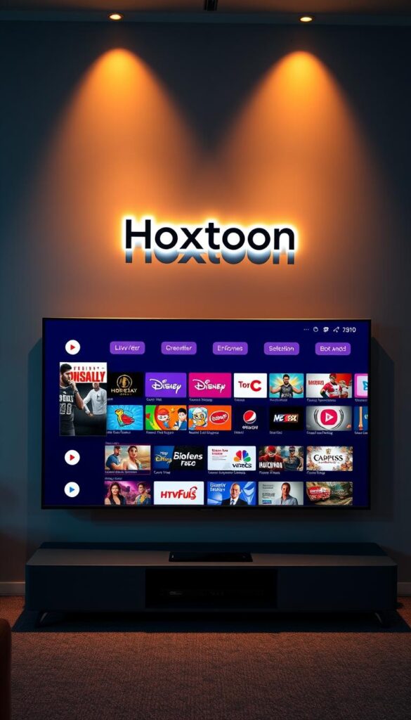 A sleek and modern digital interface showcasing the Hoxtoon Provider brand name and logo, illuminated by warm, directional lighting that casts dramatic shadows. The layout features clean, minimalist design elements - streamlined icons, intuitive navigation menus, and a vibrant, high-resolution display showcasing a diverse selection of live TV channels and on-demand content. The overall aesthetic conveys a sense of premium quality, cutting-edge technology, and a user-friendly experience tailored for the discerning IPTV subscriber.
