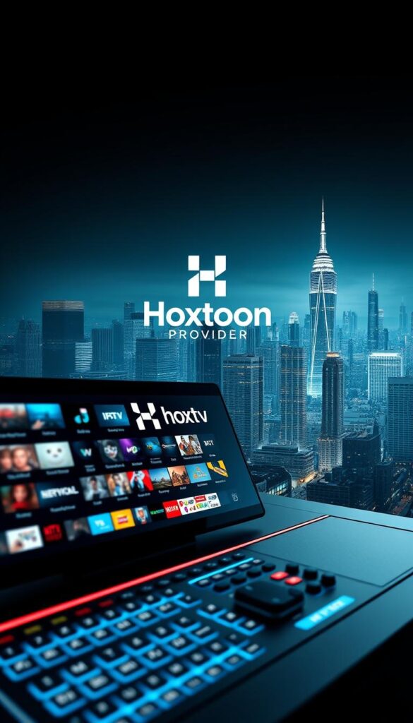 A sleek and modern digital service branded as "Hoxtoon Provider", showcasing its cutting-edge IPTV offerings. In the foreground, a high-tech control panel displays the diverse range of channels and streaming options available, bathed in a cool, futuristic glow. The middle ground features the Hoxtoon logo, prominently displayed with a sense of authority and professionalism. In the background, a cityscape of towering skyscrapers and infrastructure conveys the scale and reach of this premier IPTV service, catering to the entertainment needs of America. The lighting is sharp, crisp, and directional, creating depth and emphasizing the technological prowess of Hoxtoon Provider. The overall mood is one of innovation, reliability, and a commitment to delivering the ultimate IPTV experience.