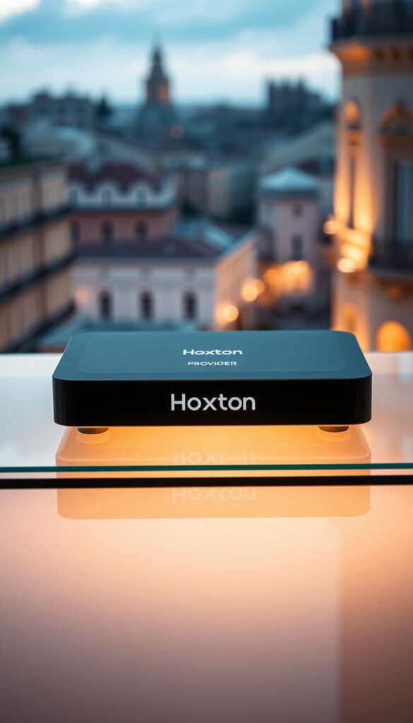 A sleek and modern digital set-top box with the Hoxtoon Provider logo prominently displayed on the front panel. The device is placed on a minimalist glass or metal surface, illuminated by soft, indirect lighting that creates a warm, sophisticated ambiance. The background features a subtle, blurred cityscape of Spanish architecture, hinting at the Hoxtoon's suitability for the Spanish market. The overall composition conveys a sense of premium quality, reliability, and the cutting-edge technology of the Hoxtoon IPTV platform.