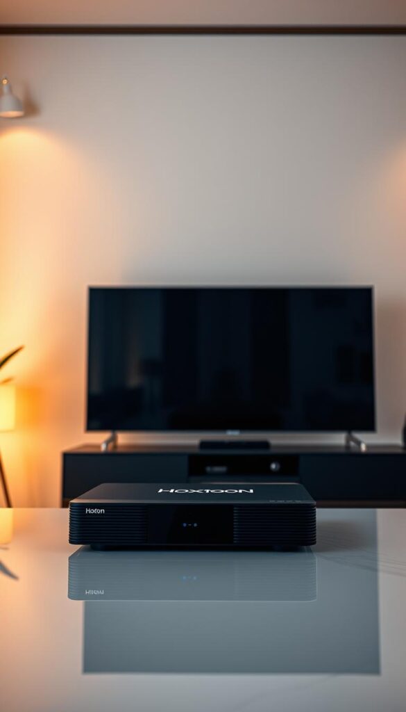 A sleek and modern entertainment system prominently featuring the Hoxtoon Provider brand. The setup is showcased against a clean, minimalist backdrop, with a large, high-definition display in the center. The device itself is a minimalist black box with clean lines and a subtle Hoxtoon logo, resting on a glossy, reflective surface. Ambient lighting from above casts a warm, inviting glow, creating a cozy and sophisticated atmosphere. The entire scene is captured from a slightly elevated angle, giving a sense of depth and emphasizing the device's elegant design. The image conveys the power and reliability of the Hoxtoon Provider IPTV service, ready to deliver a premium viewing experience.