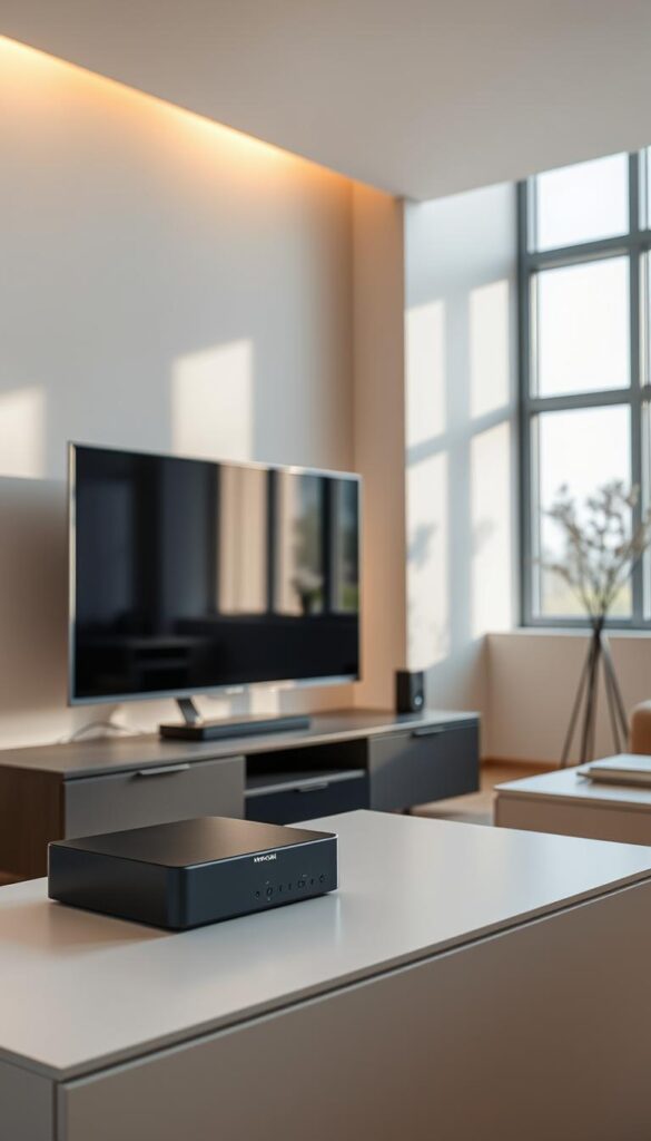 A sleek and modern home entertainment setup, featuring the Hoxtoon Provider IPTV system. In the foreground, a state-of-the-art smart TV displays a crisp, high-definition image. Nearby, a modern media console houses the Hoxtoon Provider set-top box, its minimalist design seamlessly integrated into the living space. Indirect lighting casts a warm, inviting glow, while large windows allow natural light to filter in, creating a bright and airy atmosphere. In the background, subtle décor elements complement the minimalist aesthetic, reflecting the clean, sophisticated style of the Hoxtoon Provider brand.