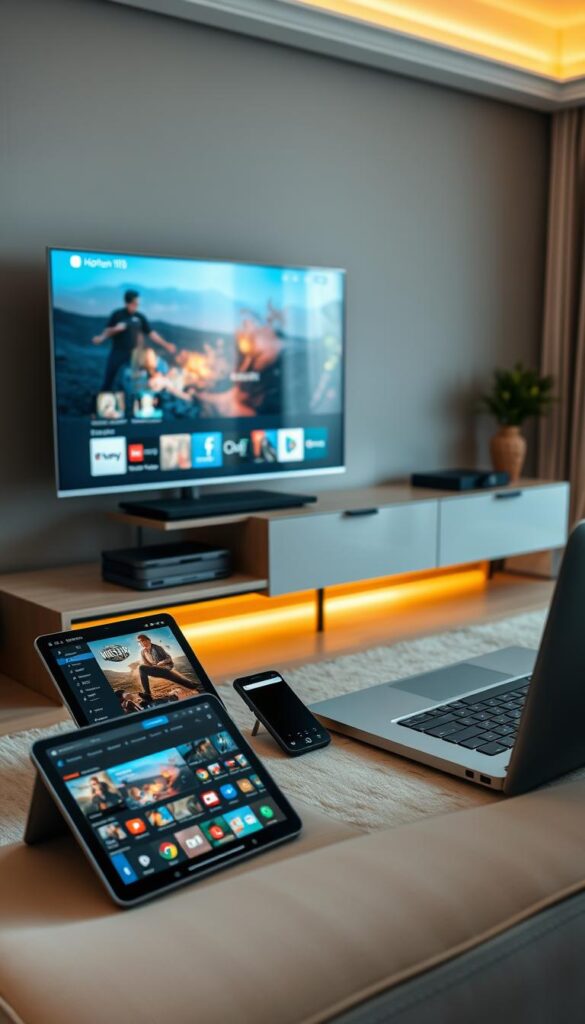 A sleek and modern home entertainment setup featuring the Hoxtoon Provider streaming service, showcasing its seamless compatibility across various devices. In the foreground, a stylish 4K television displays crisp, vibrant content, while a tablet, smartphone, and laptop are arranged neatly, all connected and ready to access the Hoxtoon platform. The middle ground features a minimalist entertainment console, complemented by warm, indirect lighting that creates a cozy and inviting atmosphere. The background subtly depicts a contemporary living room, with neutral tones and clean lines, emphasizing the versatility and ease of use of the Hoxtoon Provider service.