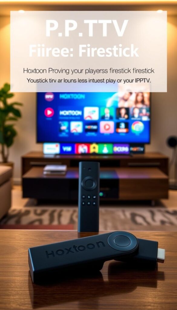 A sleek and modern home entertainment setup featuring two IPTV players for Firestick: Hoxtoon Provider and IPTVDIGI. The Hoxtoon Provider player is prominently displayed in the foreground, its intuitive interface and branding visible on a high-definition display. In the middle ground, the IPTVDIGI player stands ready, showcasing its own unique design and capabilities. The background is a cozy living room with warm lighting, creating a welcoming atmosphere for the viewer to envision themselves enjoying a seamless IPTV experience on their Firestick device.
