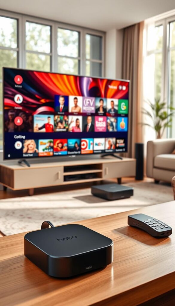 A sleek and modern home entertainment setup, showcasing the benefits of using a legal IPTV service like the "Hoxtoon Provider". In the foreground, a smart TV display presents a vibrant, high-quality streaming interface, highlighting the vast content library available. The middle ground features various smart home devices, such as a voice assistant and a streaming box, seamlessly integrated for a convenient and personalized viewing experience. The background depicts a cozy, well-lit living room, with large windows allowing natural light to flood the space, creating a warm and inviting atmosphere. The overall scene conveys the ease, reliability, and legal compliance of a top-tier IPTV service, making it an attractive choice for modern home entertainment.