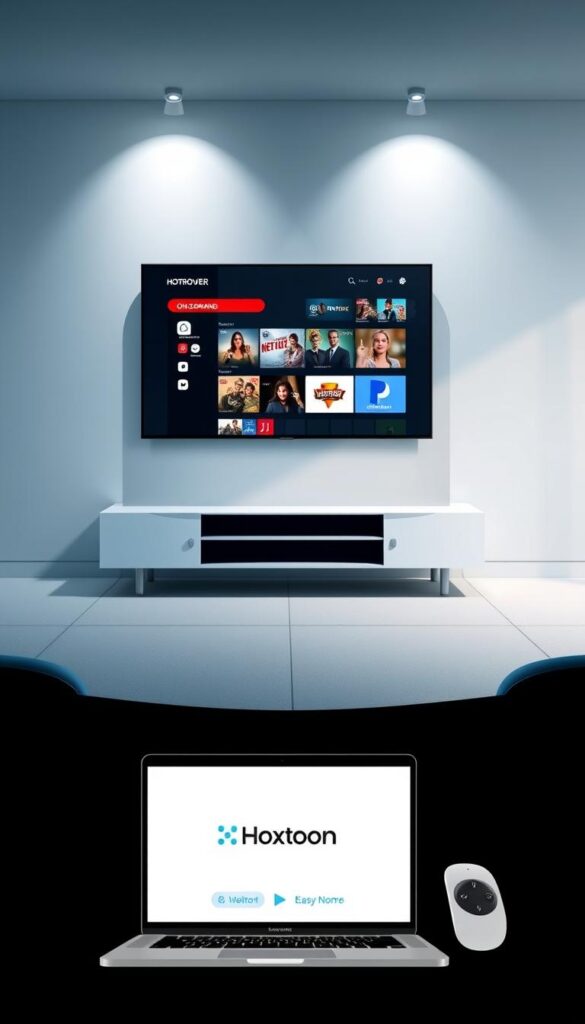 A sleek and modern illustration of an IPTV streaming solution, featuring the Hoxtoon Provider brand. In the foreground, a smart TV displays various on-demand content options, with a minimalist interface and clean typography. In the middle ground, a laptop showcases the Hoxtoon Provider platform, highlighting its user-friendly controls and intuitive navigation. The background depicts a minimalist, tech-inspired environment with subtle lighting and a sense of digital connectivity. The overall scene conveys the ease and accessibility of the Hoxtoon IPTV service, inviting the viewer to explore its comprehensive streaming capabilities.