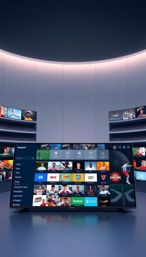 A sleek and modern illustration of the "Hoxtoon Provider" IPTV service. In the foreground, a high-resolution display showcases a diverse range of live sports channels, reflecting the comprehensive IPTV offerings. In the middle ground, a minimalist user interface with clean typography and intuitive controls conveys the seamless user experience. The background features a subtle gradient, evoking a sense of digital sophistication. The overall composition is captured through a wide-angle lens, creating a panoramic, immersive view that highlights the breadth and quality of the Hoxtoon IPTV service.