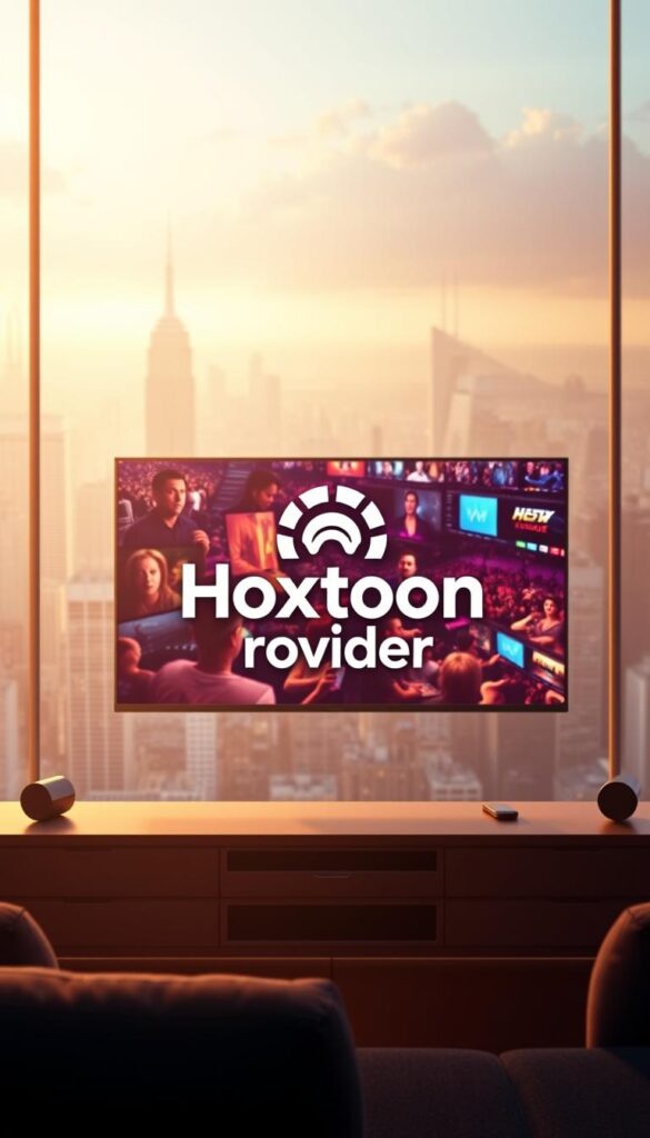 A sleek and modern illustration showcasing the Hoxtoon Provider IPTV service. In the foreground, a large high-definition television displays a vibrant, immersive movie scene, highlighting the impressive 150,000+ Video-On-Demand library. In the middle ground, a stylized Hoxtoon Provider logo takes center stage, rendered in a bold, futuristic typeface. The background features a dynamic cityscape, conveying the idea of global connectivity and access to a vast array of live television channels. The lighting is warm and cinematic, creating a sense of premium entertainment at your fingertips. The overall composition and attention to detail evoke a sense of technological sophistication and the promise of endless on-demand content.