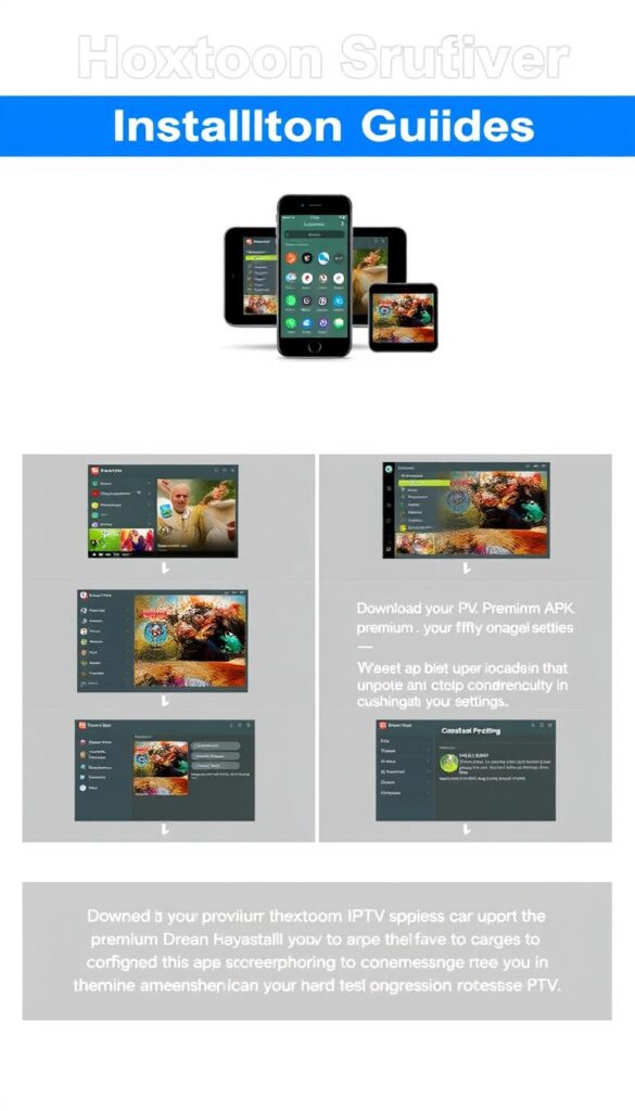 A sleek and modern installation guide for the Hoxtoon Provider Dream Player Premium IPTV service. Showcase the app's intuitive interface on a minimalist, white background, with clean lines and simple icons. Depict the step-by-step setup process, from downloading the APK to configuring the settings, using a series of elegant, high-resolution screenshots. Capture the excitement and convenience of unlocking premium IPTV content with a subtle, cinematic lighting that emphasizes the app's sophistication. Convey a sense of professionalism and reliability that matches the quality of the Hoxtoon Provider service.