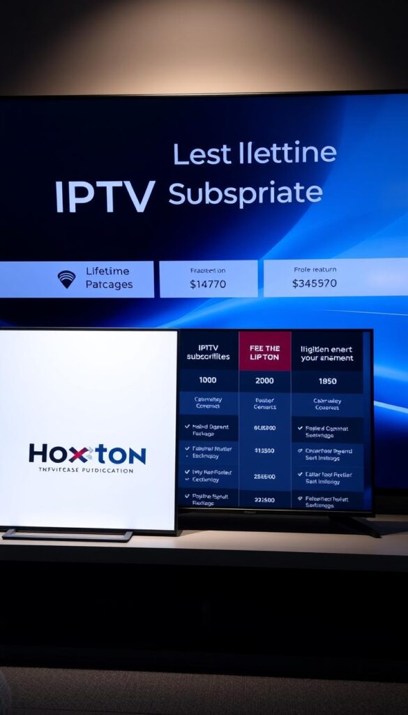 A sleek and modern interface showcasing Hoxtoon Provider's IPTV lifetime subscription plans. The display features clean typography, bold colors, and intuitive icons to highlight the various package options. The foreground presents a minimalist layout with a prominent Hoxtoon Provider logo, while the middle ground showcases detailed pricing information and feature highlights. The background subtly blends gradients of blues and grays, creating a sophisticated and tech-savvy atmosphere. Soft lighting illuminates the scene, adding depth and dimension to the overall composition. The image conveys a sense of value, reliability, and the endless entertainment possibilities offered by Hoxtoon's IPTV lifetime subscription.
