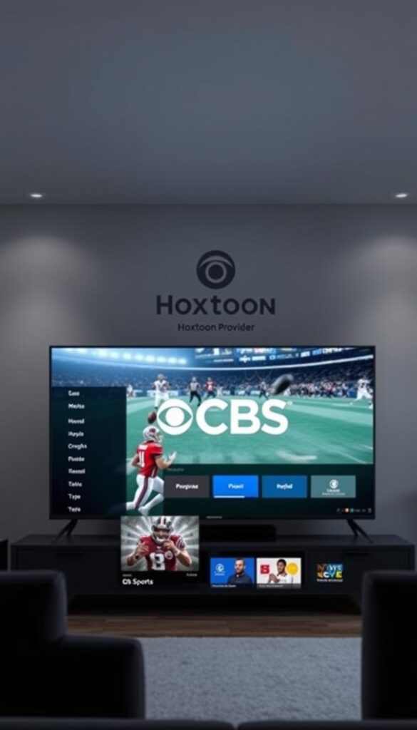 A sleek and modern interface showcasing the CBS Sports channel on a high-quality IPTV service. In the foreground, a large widescreen display presents the CBS Sports logo and live sports coverage, with a clean and intuitive navigation menu overlaid. The middle ground features a Hoxtoon Provider logo, emphasizing the reliable IPTV platform. The background depicts a minimalist room setting with subtle lighting, creating a calm and immersive viewing experience. The overall atmosphere conveys a sense of professionalism, accessibility, and cutting-edge technology for sports enthusiasts.