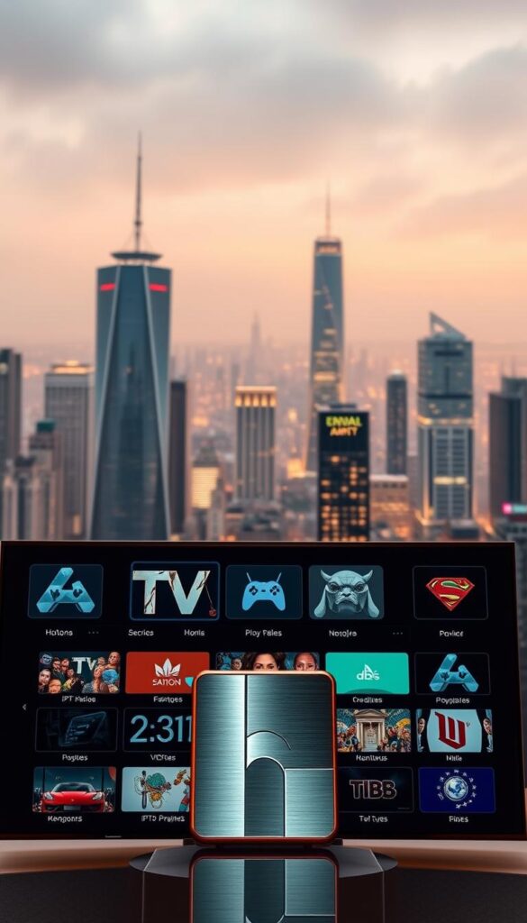 A sleek and modern interface showcasing the Hoxtoon Provider brand, set against a backdrop of a vibrant cityscape. The foreground features the Hoxtoon logo prominently displayed, rendered in a clean, minimalist style with a metallic sheen. The middle ground showcases various IPTV service icons and graphics, highlighting the breadth of content available. In the background, a skyline of towering skyscrapers with neon-lit windows creates an atmosphere of a thriving, tech-savvy metropolitan area. The lighting is a warm, soft glow, creating a sense of professionalism and authority. The camera angle is slightly elevated, giving the viewer a sense of the scale and grandeur of the Hoxtoon service.