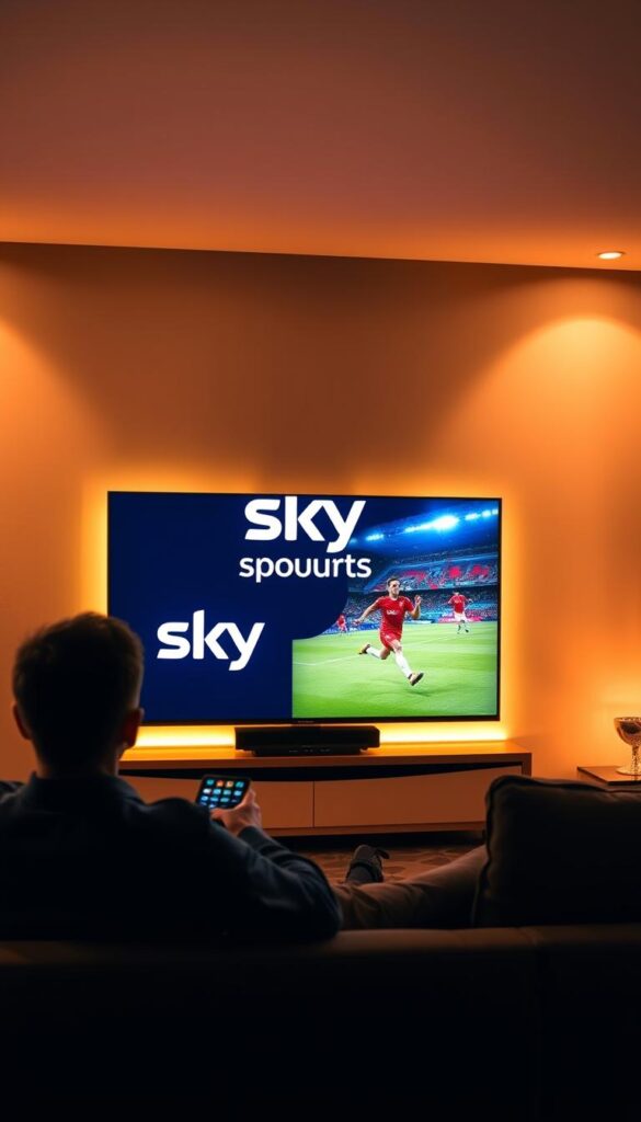 A sleek and modern living room setting, with a large flat-screen TV prominently displayed. On the screen, the Hoxtoon Provider logo is clearly visible, along with the Sky Sports logo, indicating a seamless IPTV integration. The room is bathed in warm, ambient lighting, creating a cozy and inviting atmosphere. In the foreground, a person is seated comfortably on a plush sofa, remote in hand, enjoying the high-quality sports broadcast. The overall scene conveys the ease and legality of accessing Sky Sports content through the Hoxtoon IPTV service.
