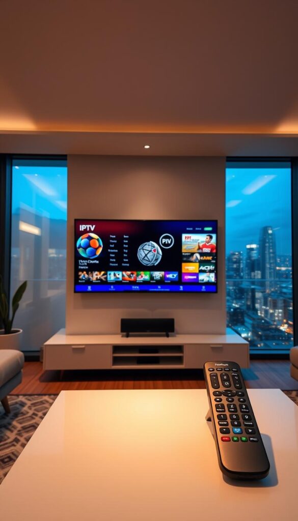 A sleek and modern living room with a large flat-screen TV mounted on the wall. On the TV screen, a vibrant and crisp IPTV interface displays a wide selection of premium HD channels. In the foreground, a high-end remote control with a Hoxtoon Provider logo rests on a minimalist coffee table. Warm, indirect lighting creates a cozy and inviting atmosphere, while floor-to-ceiling windows offer a scenic view of a bustling city skyline in the background.
