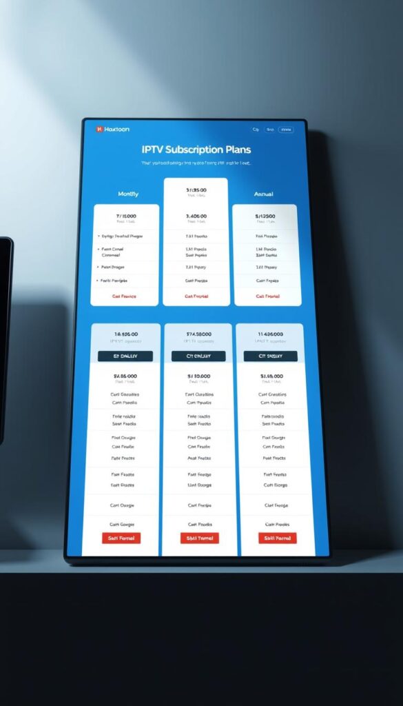 A sleek and modern-looking webpage displaying various IPTV subscription plans offered by the "Hoxtoon Provider". The page features a clean layout with a minimalist design, showcasing the different plan options in a grid-like arrangement. Each plan is presented with key details such as the package name, monthly/annual pricing, channel count, device compatibility, and any additional perks or features. The plans are arranged from most basic to premium, with clear delineation between the tiers. The overall aesthetic is professional and inviting, utilizing a cool color palette of blues and grays to create a sense of trust and reliability. Subtle lighting effects and realistic shadows add depth and dimensionality to the scene, while a slightly low camera angle emphasizes the importance of the subscription plans.