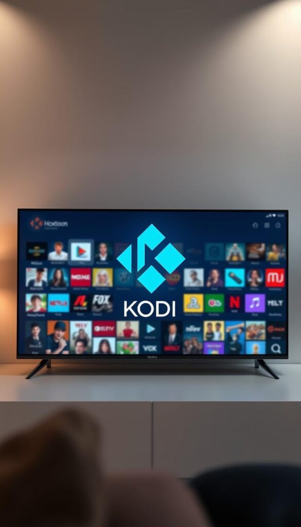 A sleek and modern media center interface, the Kodi logo prominently displayed at the center of the frame. The screen is filled with a vibrant array of colorful app icons, suggesting the vast array of content and functionality available. The background is a minimalist gradient, drawing the eye to the clean, intuitive design. Soft, indirect lighting casts a warm glow, creating a welcoming and comfortable atmosphere. The overall composition conveys the power and versatility of the Kodi Media Center, positioning it as the ultimate home entertainment hub. Hoxtoon Provider