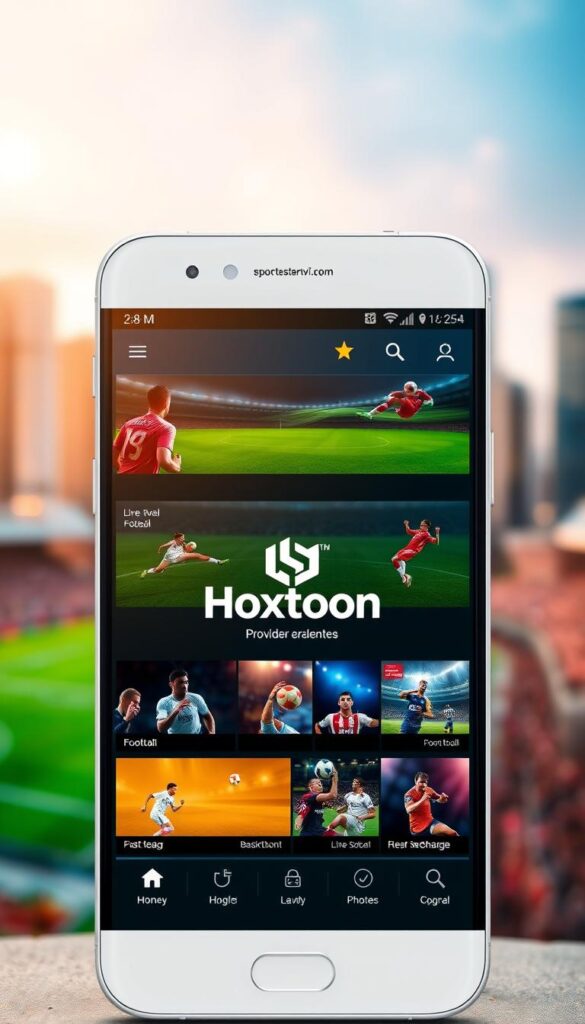A sleek and modern mobile app interface showcasing the Hoxtoon Provider's IPTV sports channels. The app's design features a clean, minimalist layout with intuitive navigation. The main screen displays a grid of vibrant, high-definition thumbnail previews of various live sports events, including football, basketball, and soccer. The app's interface is illuminated by warm, natural lighting, capturing a sense of energy and excitement. The middle ground features a prominent Hoxtoon Provider logo, signifying the app's trusted brand identity. In the background, a blurred cityscape creates a sense of urban dynamism, reinforcing the app's ability to provide users with a comprehensive IPTV sports experience.