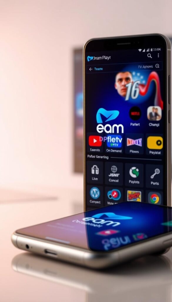 A sleek and modern mobile device with the "Dream Player IPTV Premium APK" logo prominently displayed on the screen. The device is positioned in the foreground, its glass surface reflecting the vibrant colors and details of the IPTV platform's user interface. In the middle ground, various icons and menu options are visible, showcasing the app's key features such as live TV channels, on-demand content, and parental controls. The background is a blurred, gradient-filled environment, suggesting a sense of technological sophistication and digital immersion. The lighting is soft and diffused, creating a warm and inviting atmosphere. The overall composition emphasizes the premium nature of the "Dream Player IPTV Premium APK" by Hoxtoon Provider, highlighting its sleek design and comprehensive feature set.
