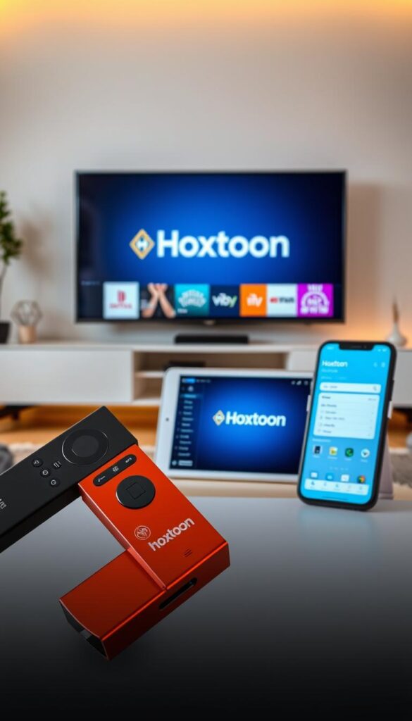 A sleek and modern multi-device setup showcasing the Hoxtoon Provider IPTV service. In the foreground, a Firestick connected to a high-definition TV, its interface displaying the Hoxtoon logo. In the middle ground, a tablet and smartphone also accessing the Hoxtoon app, seamlessly syncing content and settings across devices. The background features a minimalist home entertainment system, with clean lines and warm ambient lighting complementing the Hoxtoon branding. The overall scene conveys the convenience and flexibility of Hoxtoon's cross-platform support, perfect for modern, tech-savvy consumers.