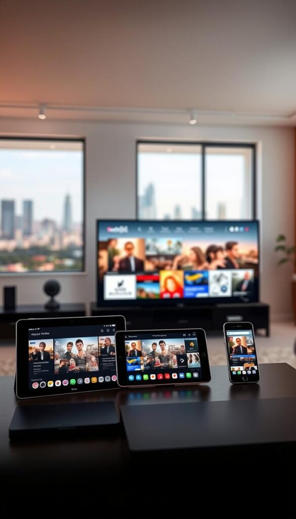 A sleek and modern multi-device setup, showcasing the Hoxtoon Provider's seamless compatibility. In the foreground, an array of digital devices - a smart TV, a tablet, and a smartphone - all connected and streaming content simultaneously. The devices are bathed in a warm, inviting light, highlighting their clean, minimalist designs. In the middle ground, a minimalist, contemporary interior provides a stylish backdrop, with clean lines and neutral tones. The background features a blurred cityscape, suggesting the ubiquity and accessibility of the Hoxtoon Provider's services across multiple devices and locations. The overall scene conveys a sense of effortless connectivity, reflecting the versatility and convenience of the Hoxtoon Provider platform.