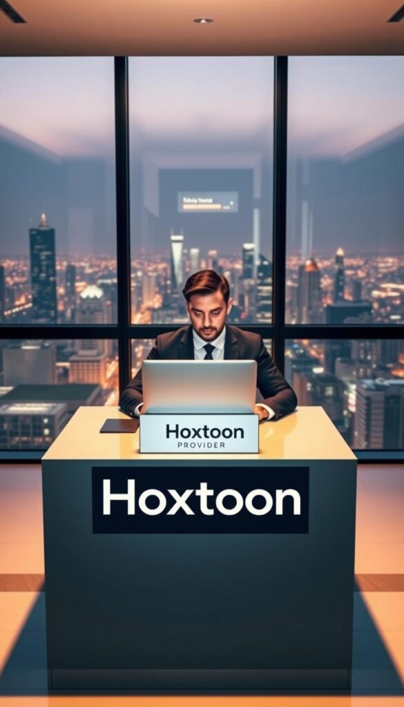 A sleek and modern office interior with a large window overlooking a bustling city skyline. In the center of the frame, a well-dressed executive sits at a minimalist desk, intently focused on a laptop screen. On the desk, a prominent sign displays the "Hoxtoon Provider" brand name. The lighting is warm and inviting, with subtle shadows adding depth and dimension. The overall atmosphere conveys a sense of professionalism, innovation, and industry leadership. The camera angle is slightly elevated, giving the viewer a sense of the Hoxtoon Provider's commanding presence in the IPTV service market.