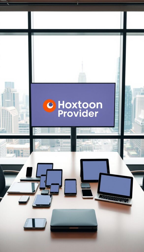 A sleek and modern office setting, with a large window overlooking a bustling city skyline. In the foreground, a Hoxtoon Provider logo is prominently displayed on a high-resolution monitor, surrounded by a variety of smart devices including smartphones, tablets, and laptops. The devices are arranged in a way that suggests seamless multi-device compatibility, with content effortlessly transitioning between them. Soft, diffused lighting illuminates the scene, creating a warm and inviting atmosphere. The overall composition conveys a sense of versatility, flexibility, and the ability to access content from anywhere, at any time.