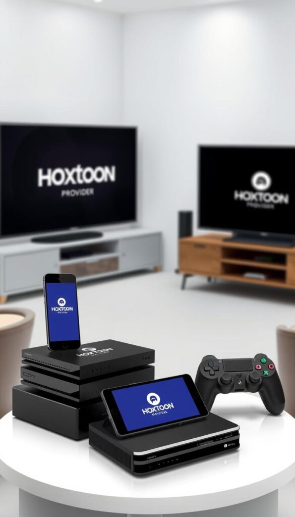 A sleek and modern scene showcasing the multi-device compatibility of the Hoxtoon IPTV service. In the foreground, a stack of various electronic devices including a smart TV, tablet, smartphone, and gaming console, all seamlessly connected and displaying the Hoxtoon Provider brand logo. The middle ground features a clean, minimalist living room setting with comfortable furniture and subtle lighting, creating a cozy and technologically-advanced atmosphere. The background blends a soft, blurred city skyline, hinting at the global reach and versatility of the Hoxtoon IPTV platform. The overall composition emphasizes the ease of use, cross-device integration, and the wide range of entertainment options available to Hoxtoon IPTV subscribers.