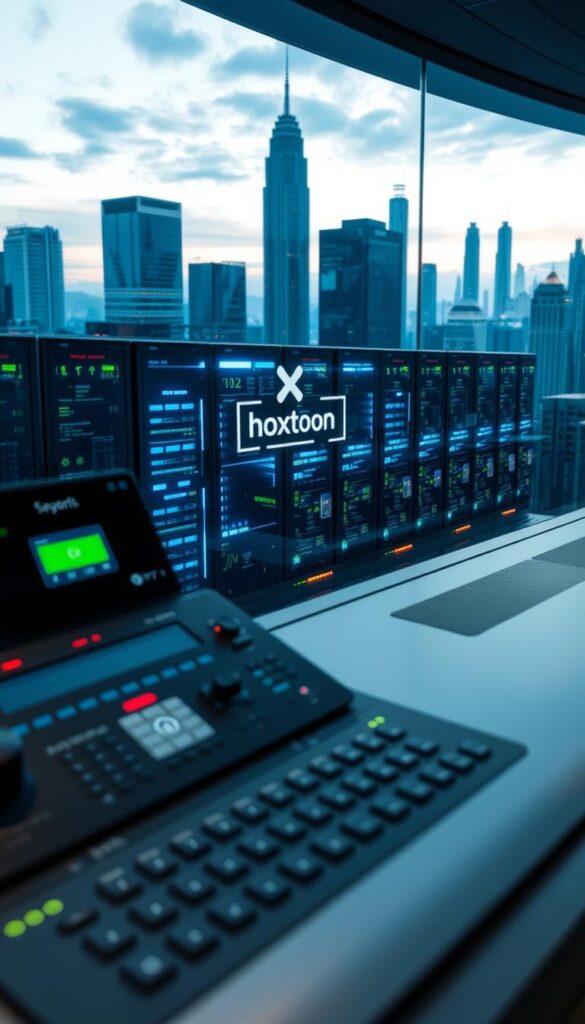 A sleek and modern security system for premium IPTV services, with the Hoxtoon Provider brand prominently displayed. In the foreground, a high-tech control panel with biometric scanners and advanced encryption protocols. The middle ground features a network of secure servers and data centers, surrounded by a subtle glow of blue and green lighting. In the background, a cityscape of towering skyscrapers, hinting at the global reach and infrastructure powering this premium IPTV platform. The overall atmosphere conveys a sense of reliability, data protection, and exclusivity for the discerning IPTV subscriber.