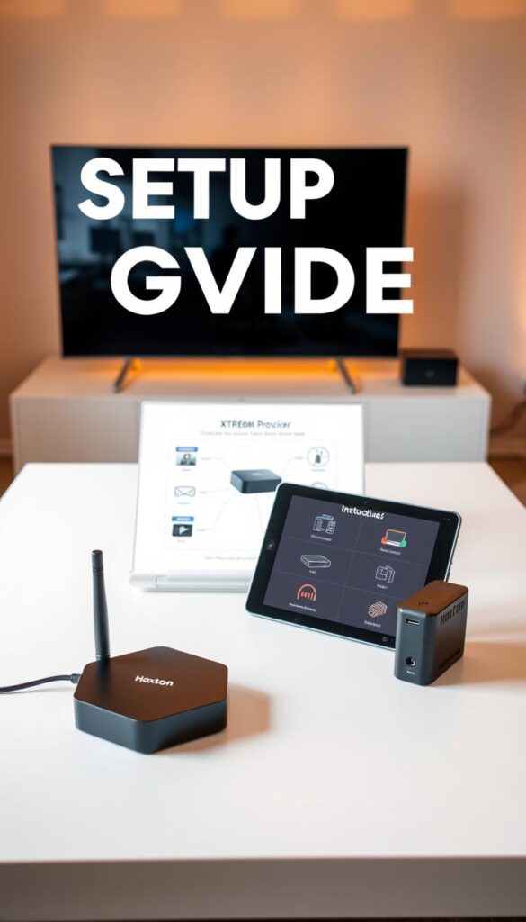 A sleek and modern setup guide for the Hoxtoon Provider XTREME HD IPTV service. The guide showcases the device connections and configuration steps in a well-lit, minimalist setting. In the foreground, high-quality electronic devices like a smart TV, streaming box, and router are neatly arranged on a clean, white table. In the middle ground, step-by-step instructions are displayed on a tablet or laptop, highlighting the intuitive setup process. The background features subtle, out-of-focus architectural elements that convey a sense of modern, high-tech ambiance. Warm, indirect lighting creates depth and highlights the premium quality of the Hoxtoon Provider branding and equipment. The overall scene conveys a professional, user-friendly, and visually appealing IPTV setup experience.
