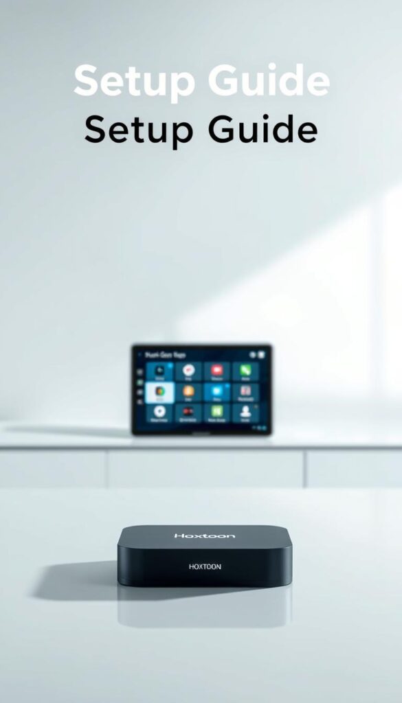A sleek and modern setup guide for the Hoxtoon Provider, showcasing the device and its user interface against a clean, minimalist backdrop. In the foreground, the Hoxtoon device rests on a smooth, reflective surface, casting a subtle shadow. The middle ground features a tablet or laptop displaying the Hoxtoon platform's intuitive menu system, with clear icons and user-friendly navigation. The background is a softly blurred, neutral-toned environment, allowing the technology to take center stage. The lighting is balanced and natural, highlighting the device's premium design and the clarity of the on-screen elements. The overall atmosphere conveys a sense of efficiency, simplicity, and professionalism, reflecting the Hoxtoon Provider's commitment to delivering a seamless IPTV experience.