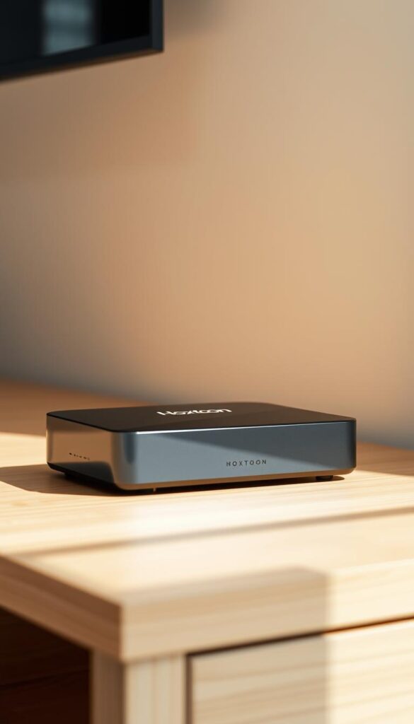 A sleek and modern smart TV box sitting atop a minimalist wooden surface, surrounded by a clean, well-lit environment. The box has a polished, black finish with subtle metallic accents, reflecting the high-quality, premium branding of the "Hoxtoon Provider". The device is positioned at a slight angle, showcasing its streamlined design and the thoughtful attention to detail. Soft, diffused lighting illuminates the scene, creating a sense of sophistication and technological elegance. The background is a muted, off-white wall, allowing the smart TV box to be the focal point, highlighting its versatility and suitability for any modern living space.
