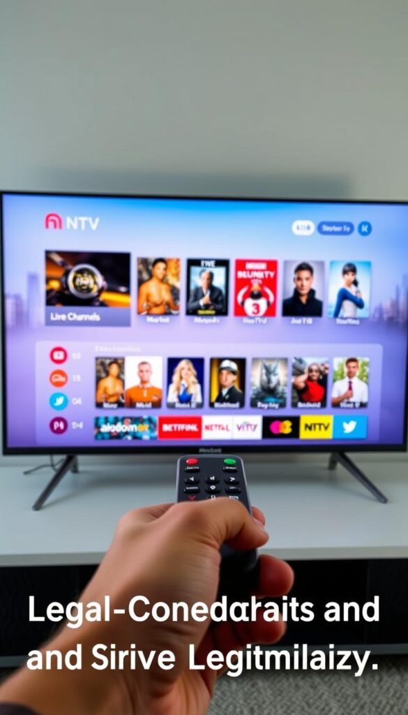 A sleek and modern smart TV display showcasing the "Hoxtoon Provider" IPTV service. The interface features a clean, minimalist design with vibrant colors and crisp, high-definition graphics. In the foreground, a hand holds a remote control, subtly highlighting the seamless user experience. The middle ground depicts various on-screen content options, including popular live TV channels, movie titles, and streaming apps, reflecting the breadth of the IPTV subscription. The background features a blurred cityscape, suggesting the global reach and accessibility of the Hoxtoon Provider service. The overall scene conveys a sense of professionalism, legality, and technological sophistication, aligning with the "Legal Considerations and Service Legitimacy" section of the article.