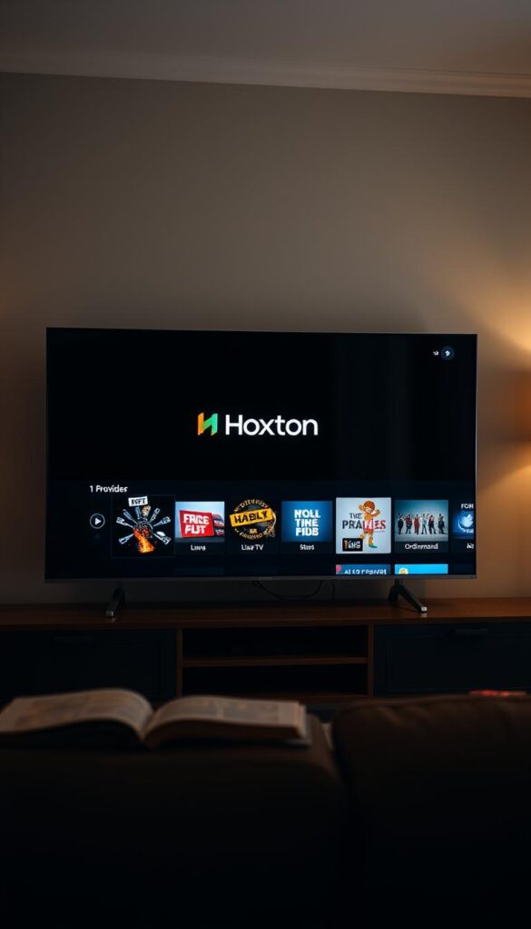 A sleek and modern smart TV display showing the Hoxtoon Provider interface. The TV screen is surrounded by a minimalist dark-themed entertainment setup, with a clean and uncluttered design. In the center, the Hoxtoon logo and branding are prominently featured, along with a simple menu interface showcasing the various live TV and on-demand content options. The lighting is soft and warm, creating a cozy and inviting atmosphere. The camera angle is slightly elevated, giving a clear and comprehensive view of the setup. The overall scene conveys a sense of ease and accessibility, highlighting the user-friendly nature of the Hoxtoon streaming experience on a smart TV.