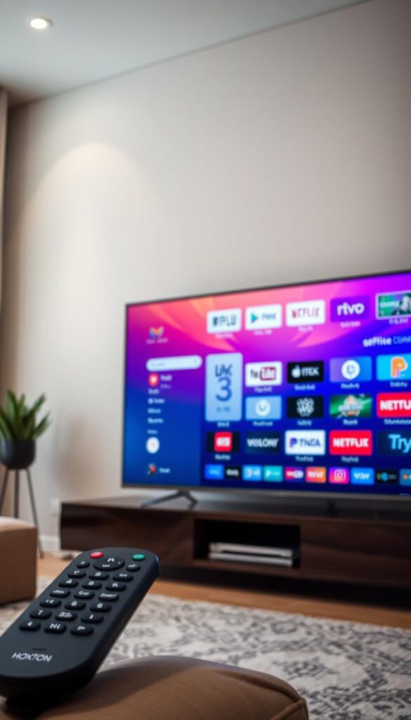 A sleek and modern smart TV displaying the Hoxtoon Provider IPTV interface. The TV screen shows a vibrant and colorful user interface with various streaming service icons and a clean, minimalist design. In the foreground, a remote control is visible, suggesting seamless integration and control. The background features a contemporary living room setting with neutral tones and subtle ambient lighting, creating a cozy and inviting atmosphere for an immersive streaming experience.