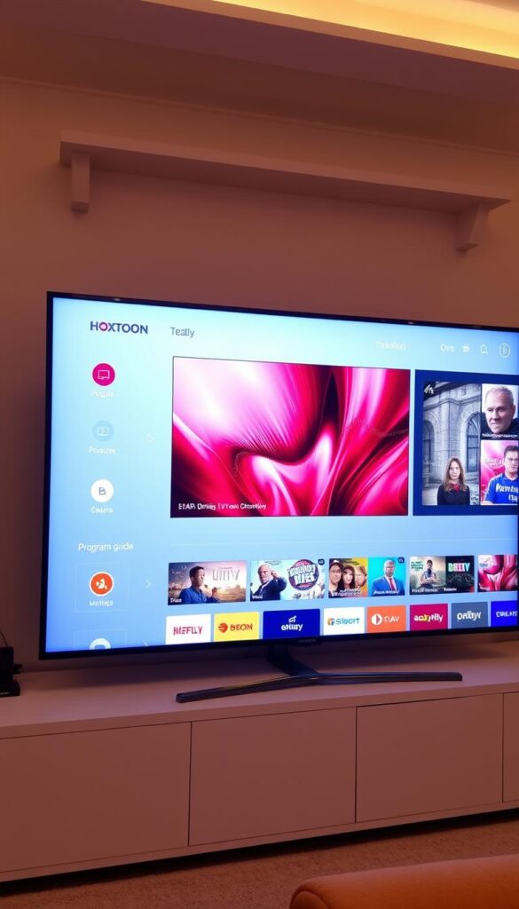 A sleek and modern smart TV interface displaying the Hoxtoon Provider IPTV app. The home screen features a clean, minimalist design with crisp icons and intuitive navigation. In the center, a vibrant high-definition live TV stream takes up the majority of the screen, showcasing the premium video quality. Surrounding the video player, a sidebar provides easy access to popular channels, a comprehensive program guide, and customizable settings. The entire interface is bathed in a soft, warm lighting that creates a cozy, living room atmosphere, inviting the viewer to sit back and enjoy their favorite content.