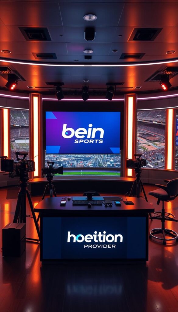 A sleek and modern sports broadcasting studio with a large LED screen displaying the Bein Sports logo. The studio is bathed in warm, professional lighting, creating a dynamic and engaging atmosphere. In the foreground, a desk with a Hoxtoon Provider logo stands prominently, suggesting the integration of the IPTV service with the sports content. The middle ground features high-end camera equipment and production tools, hinting at the technical capabilities behind the broadcast. The background showcases a panoramic view of a cityscape, adding a sense of global reach and connectivity. The overall composition conveys a sense of cutting-edge technology, comprehensive sports coverage, and a seamless user experience with the Hoxtoon Provider IPTV service.