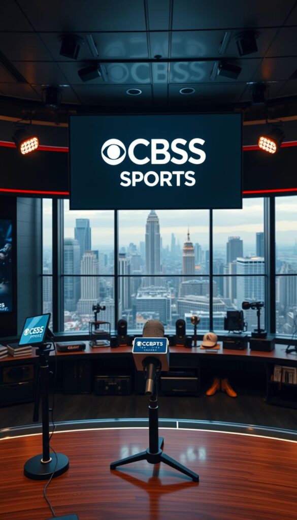 A sleek and modern sports broadcasting studio, with the prominent CBS Sports logo displayed on a large LED screen in the center. The studio is bathed in warm, professional lighting, creating a rich, cinematic atmosphere. In the foreground, a well-equipped news desk stands, with a Hoxtoon Provider branded microphone positioned prominently. In the middle ground, various sports equipment and memorabilia are arranged artfully, hinting at the premium sports content available. The background features a large window overlooking a bustling city skyline, further emphasizing the high-quality, professional nature of the CBS Sports Channel IPTV experience.