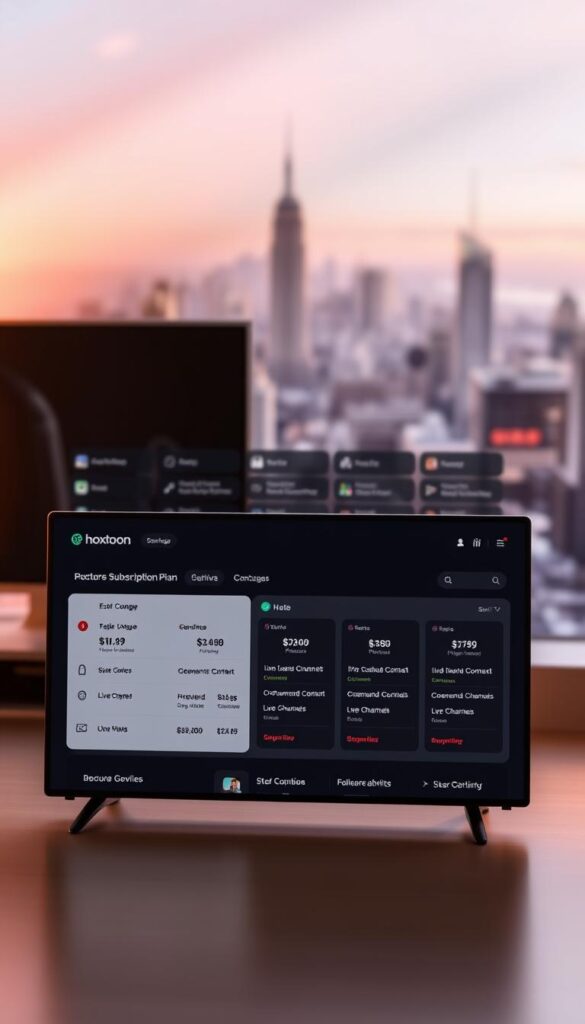 A sleek and modern subscription plan interface showcasing the Hoxtoon Provider's service offerings. In the foreground, a minimalist dashboard displays various IPTV package options with clear pricing, features, and subscription details. The middle ground features a clean grid layout highlighting the breadth of on-demand content, live channels, and device compatibility. The background sets a subtle, yet professional tone with a soft, blurred cityscape or abstract geometric patterns, conveying a sense of digital sophistication. Warm, directional lighting from the upper left casts gentle shadows, creating depth and emphasizing the key elements. The overall composition strikes a balance between informative and visually appealing, suitable for showcasing the Hoxtoon Provider's subscription plans and pricing structure.