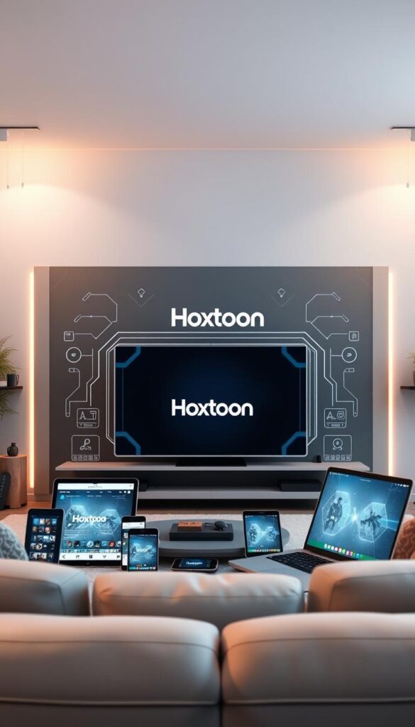 A sleek and modern technology-driven scene showcasing the multi-device support of the Hoxtoon Provider platform. In the foreground, a stylish living room setup with a large flat-screen TV, surrounded by a range of smart devices including tablets, smartphones, and a laptop, all connected and streaming content seamlessly. The middle ground features a futuristic, minimalist interface displaying the Hoxtoon Provider brand, highlighting its cross-platform capabilities. In the background, a soft, ambient lighting creates a cozy, high-tech atmosphere, complemented by subtle patterns and textures suggestive of advanced digital networks. The overall composition conveys the seamless integration of Hoxtoon Provider's multi-device support, catering to the modern, tech-savvy lifestyle of its users.